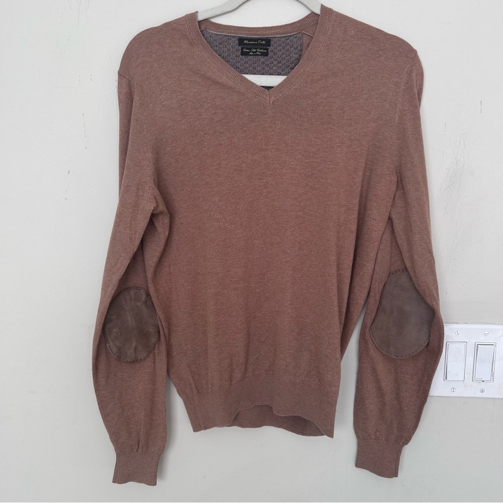 Massimo Dutti Brown V-Neck Elbow Patches cotton silk cashmere sweater. Sz S